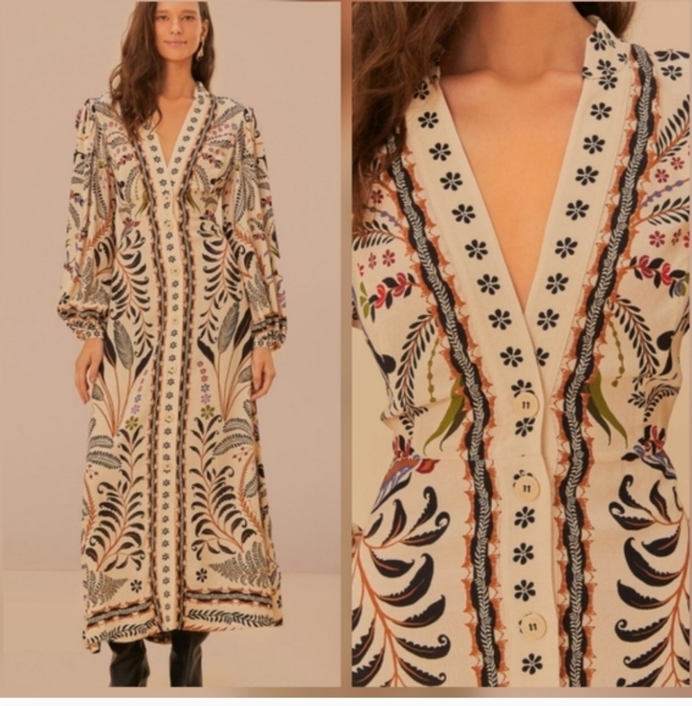 Ulla Johnson Cream Maxi Dress with Black & Multicolor Botanical Print